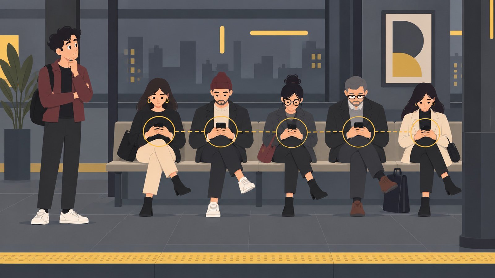 Animated characters repeating the same phone-checking behavior while one person notices