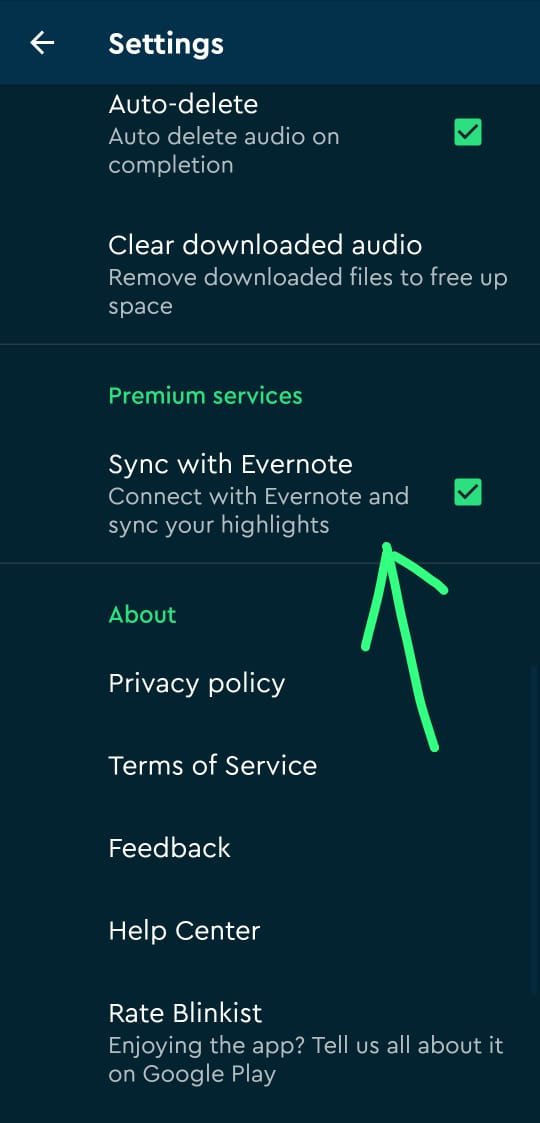 syncing with evernote option in Blinkist app