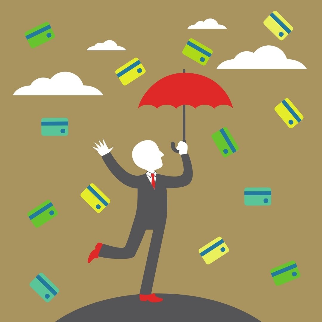 money raining on top of a man holding an umbrella