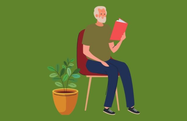 an old happy person sitting on a chair and reading a book by holding it with his left hand